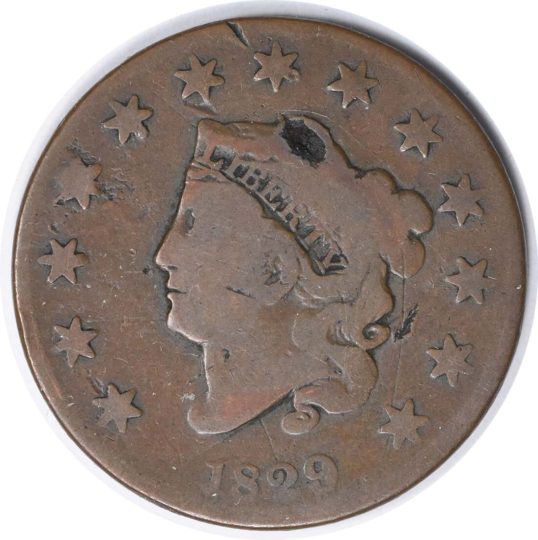 1829 Large Cent Coronet Head Copper G Uncertified: 1829 Large Cent Coronet Head Copper G Uncertified This 1829 Large Cent, designated as N-7, features the classic Coronet Head design. It is a circulated coin, graded as Good (G), and composed of copper