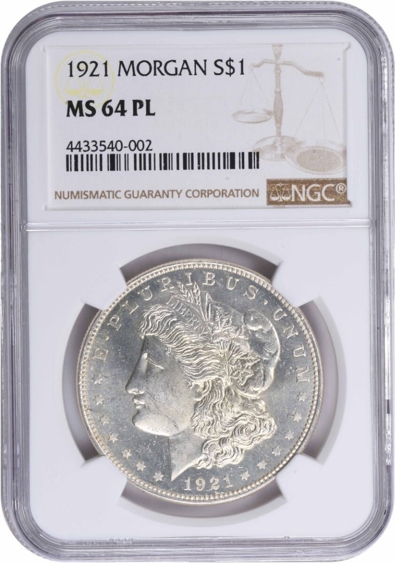NGC MS64PL 1921 Morgan Dollar 90 Percent Silver Uncirculated Coin: NGC MS64PL 1921 Morgan Dollar 90 Percent Silver Uncirculated Coin This is a 1921 Morgan Silver Dollar graded MS64PL by NGC. Struck in Philadelphia with no mint mark, this uncirculated coin is composed