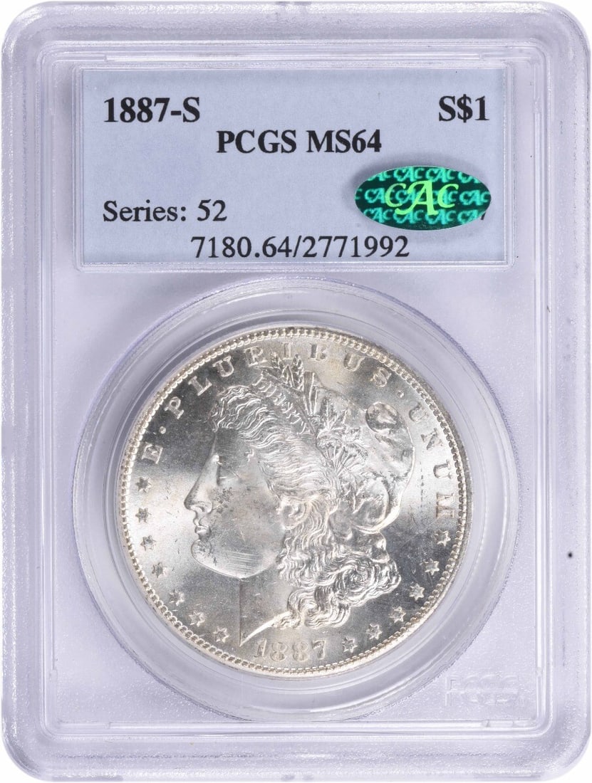 1887-S Morgan Silver Dollar MS64 PCGS CAC Certification: 1887-S Morgan Silver Dollar MS64 PCGS CAC Certification This 1887-S Morgan Silver Dollar, graded MS64 by PCGS and certified by CAC, is a remarkable piece for collectors. Featuring a composition of 90%