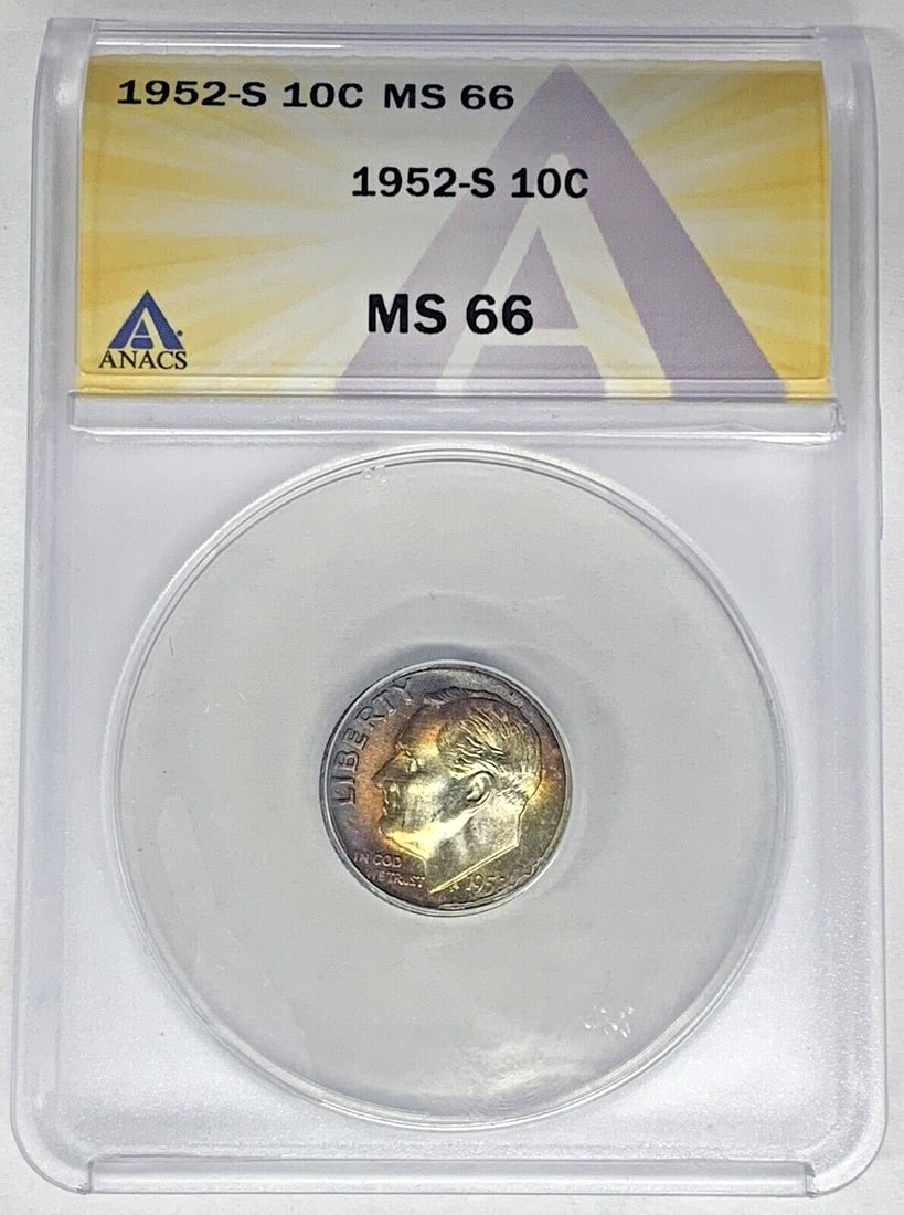 ANACS MS 66 1952-S Silver Roosevelt Dime with Vibrant Toning: ANACS MS 66 1952-S Silver Roosevelt Dime with Vibrant Toning This is a 1952-S Roosevelt Dime featuring a colorful tone. The coin is composed of silver and is uncirculated. It has been graded MS 66 by 