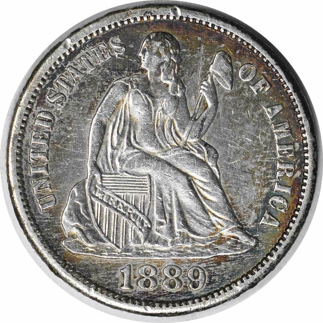 1889-S Liberty Seated Silver Dime AU San Francisco 90% Silver: 1889-S Liberty Seated Silver Dime AU San Francisco 90% Silver This 1889-S Liberty Seated Silver Dime is a fine example of American numismatic history. Featuring the iconic Seated Liberty design by Chr