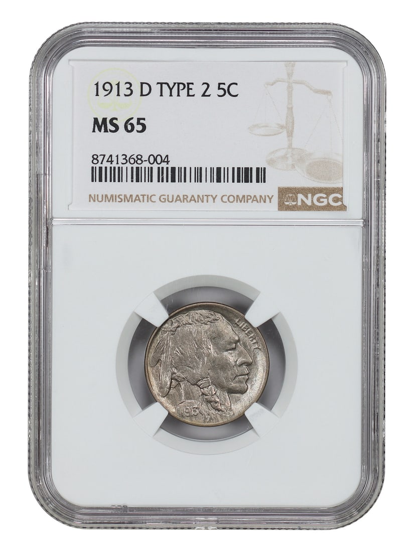 NGC MS65 1913 Denver Buffalo Nickel Type 2 Five Cent Coin: NGC MS65 1913 Denver Buffalo Nickel Type 2 Five Cent Coin This 1913-D Buffalo Nickel is certified by NGC with a grade of MS65. It is an uncirculated coin from the Denver Mint, featuring rich golden-gr