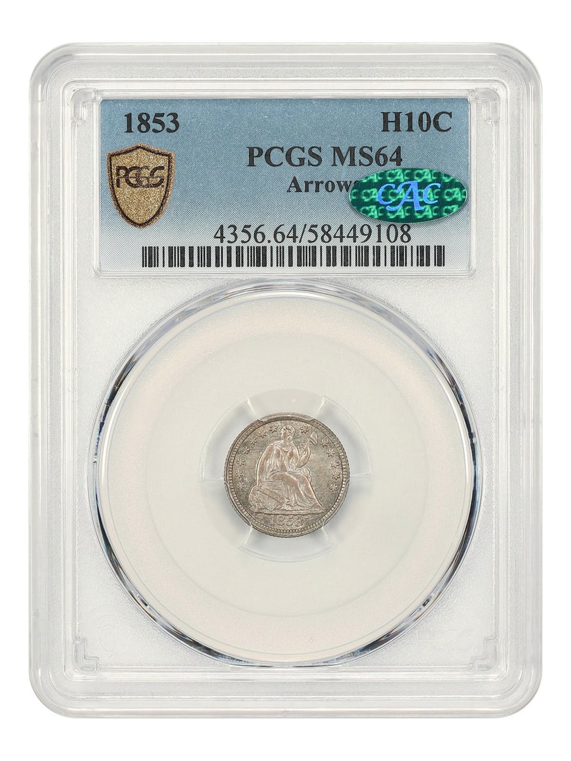 PCGS CAC MS64 1853 Liberty Seated Half Dime Arrows Philadelphia: PCGS CAC MS64 1853 Liberty Seated Half Dime Arrows Philadelphia This 1853 Liberty Seated Half Dime features the Arrows variety and is graded MS64 by PCGS with CAC approval. Struck at the Philadelphia 