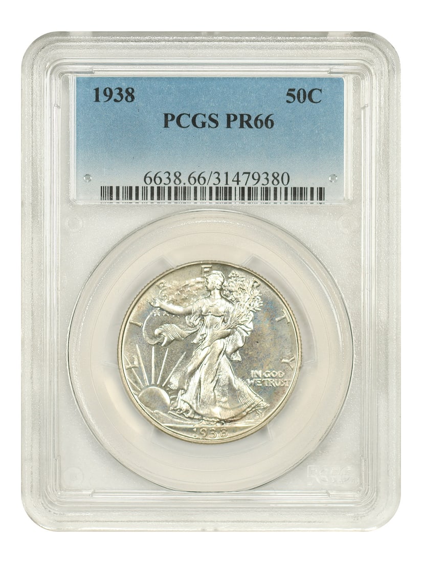 1938 Proof Walking Liberty Half Dollar PCGS PR66 Philadelphia: 1938 Proof Walking Liberty Half Dollar PCGS PR66 Philadelphia This 1938 Walking Liberty Half Dollar is a proof coin graded PR66 by PCGS, featuring golden hints that accent its flashy surfaces. Minted 