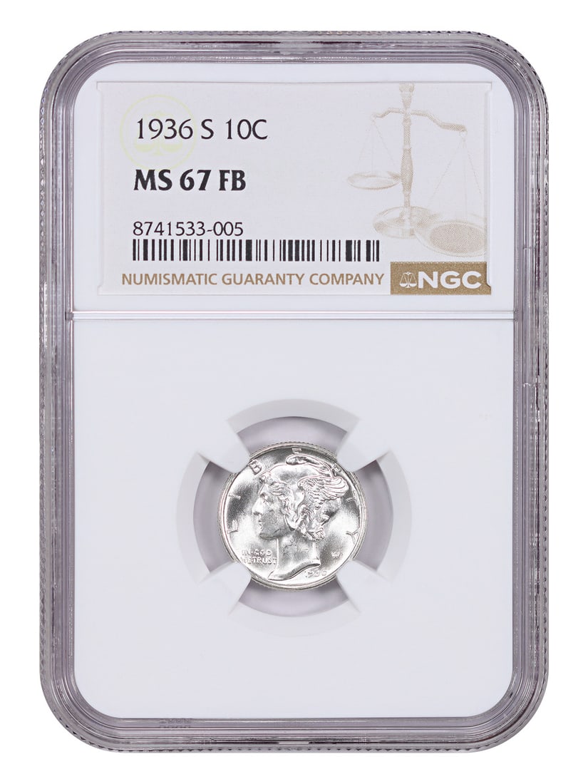 1936 San Francisco Mercury Dime NGC MS67 Full Bands: 1936 San Francisco Mercury Dime NGC MS67 Full Bands This 1936-S Mercury Dime is certified by NGC with a grade of MS67FB, indicating an uncirculated coin with Full Bands detail. Minted in San Francisco