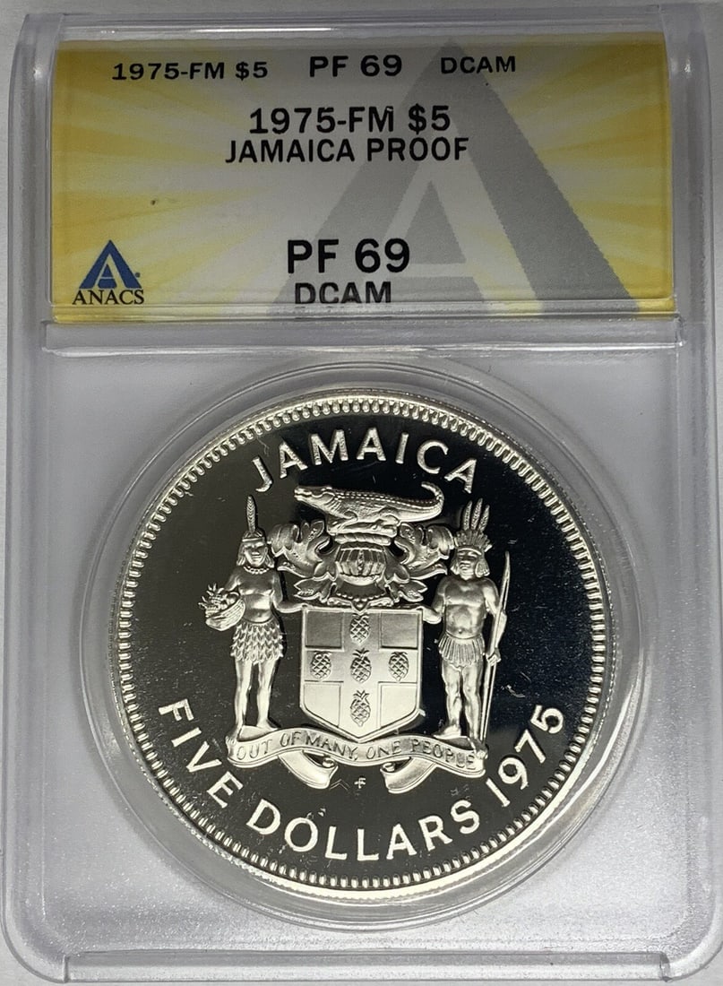 ANACS PR 69 1975 Jamaica $5 Silver Proof Dollar Coin: ANACS PR 69 1975 Jamaica $5 Silver Proof Dollar Coin This 1975 Jamaica Proof $5 silver dollar coin is graded PR 69 DCAM by ANACS. It is composed of silver, remains uncirculated, and is in pre-owned co