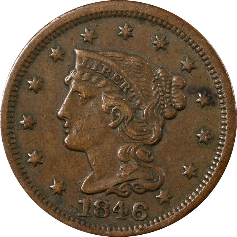 1846 Large Cent Small Date Copper Coin Circulated: 1846 Large Cent Small Date Copper Coin Circulated This 1846 Large Cent features the Small Date variety, a notable collectible for numismatists. Crafted from copper with a fineness of 0.9, this coin is