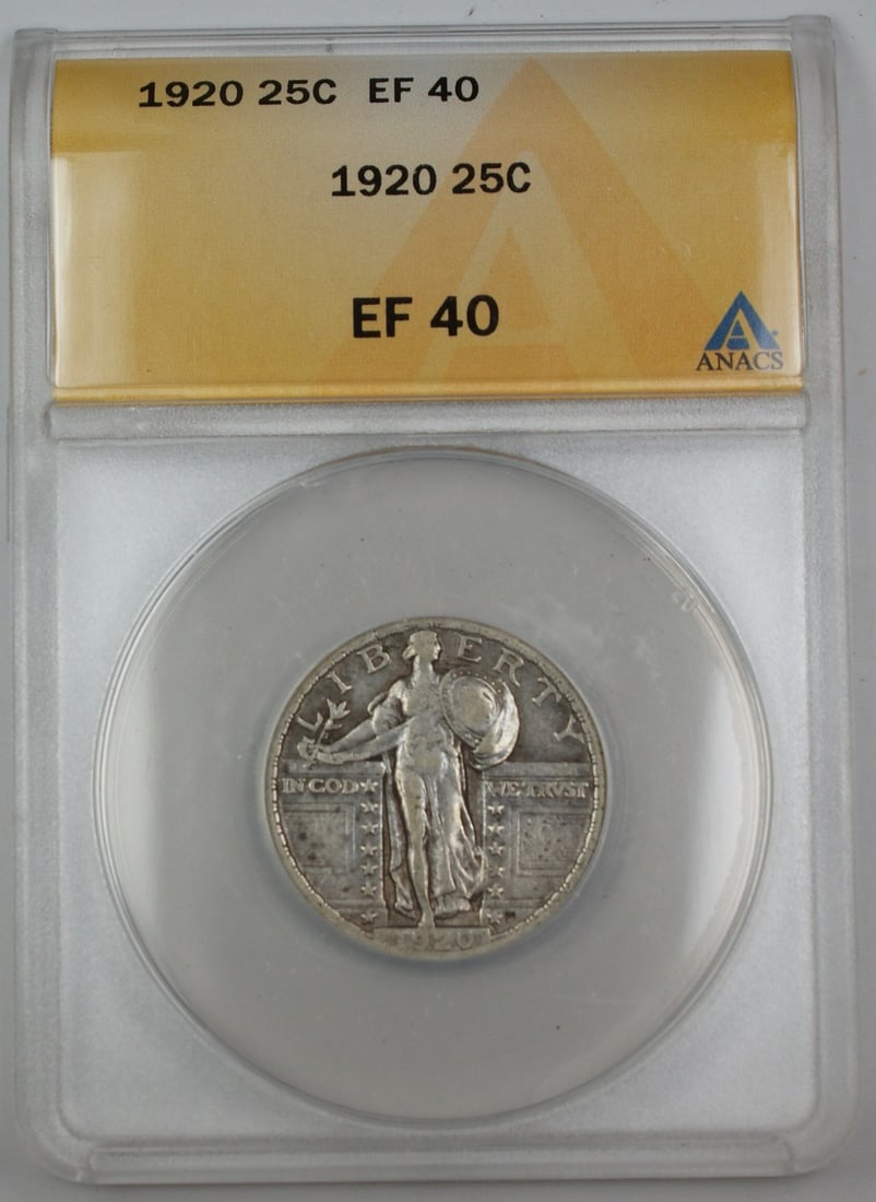 1920 Standing Liberty Quarter Silver Coin ANACS EF-40 Philadelphia Mint: 1920 Standing Liberty Quarter Silver Coin ANACS EF-40 Philadelphia Mint 1920 Standing Liberty Silver Quarter graded EF-40 by ANACS. This circulated silver coin was minted in Philadelphia and has a den