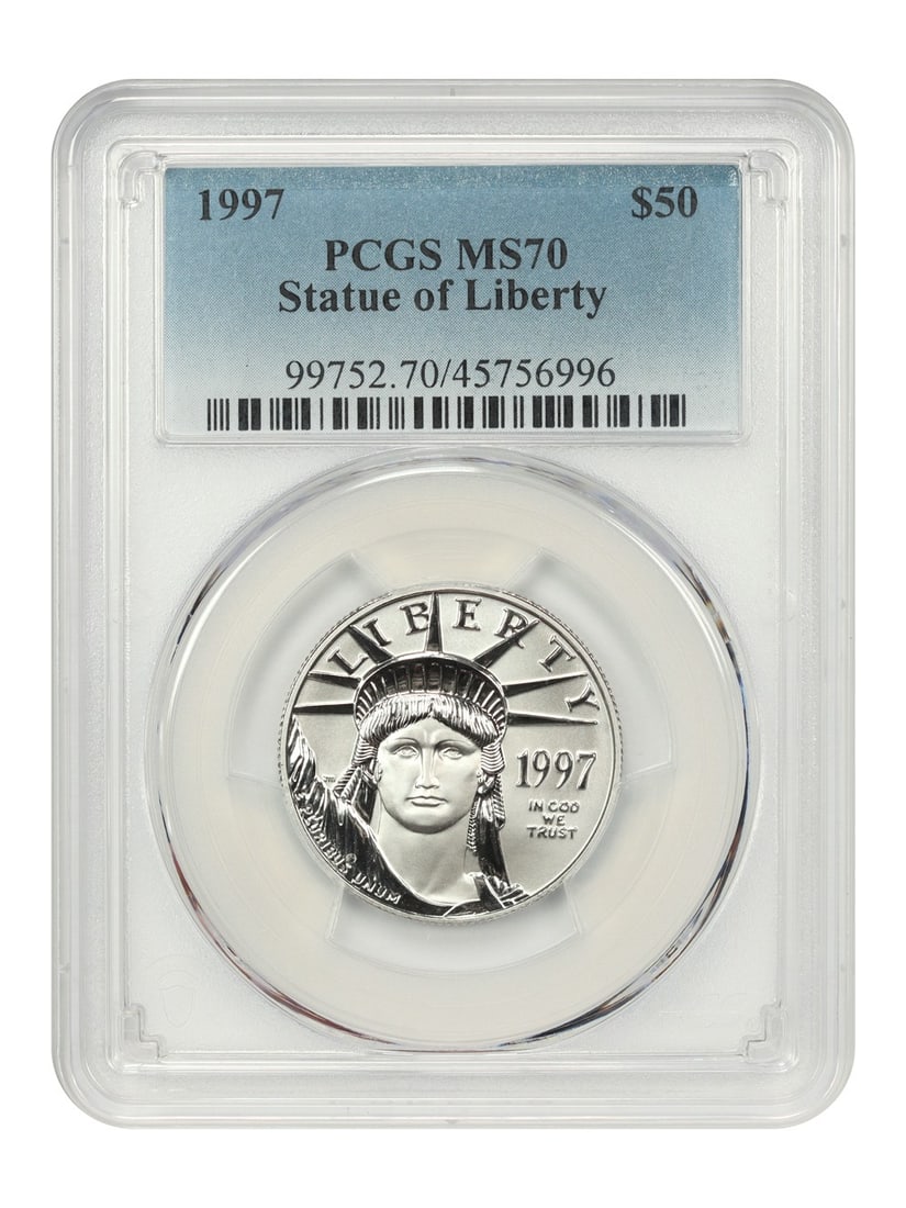 PCGS MS70 1997 Platinum $50 1/2oz Eagle Coin Uncirculated: PCGS MS70 1997 Platinum $50 1/2oz Eagle Coin Uncirculated This 1997 $50 Statue of Liberty coin is a 1/2oz Platinum Eagle, graded MS70 by PCGS. Struck at the Philadelphia Mint, it is uncirculated and p