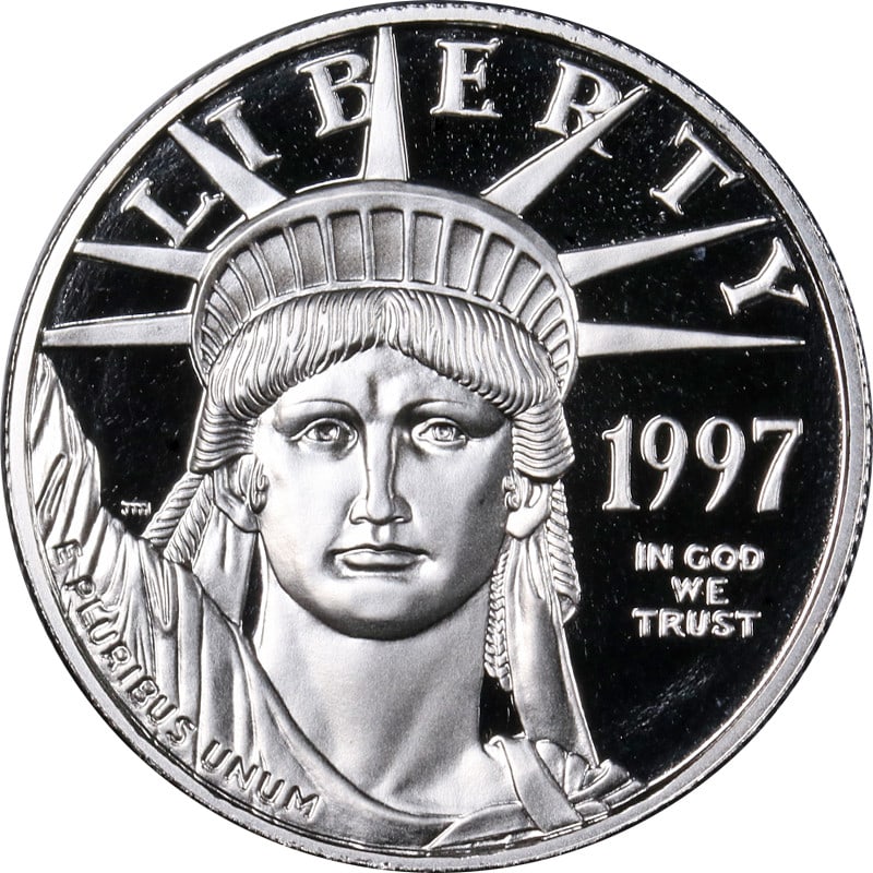 1997-W $50 Platinum Eagle Proof Coin with OGP and COA: 1997-W $50 Platinum Eagle Proof Coin with OGP and COA This 1997-W Platinum American Eagle $50 Proof Bullion Coin is struck in .9995 fine platinum and was minted at the West Point Mint. The coin is in 