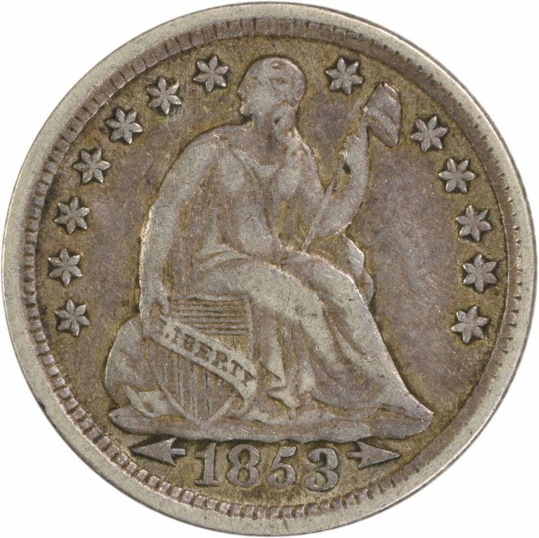 1853 Liberty Seated Silver Half Dime EF Uncertified 90% Silver: 1853 Liberty Seated Silver Half Dime EF Uncertified 90% Silver This 1853 Liberty Seated Silver Half Dime features a classic design by Christian Gobrecht and is a notable piece of American numismatic h