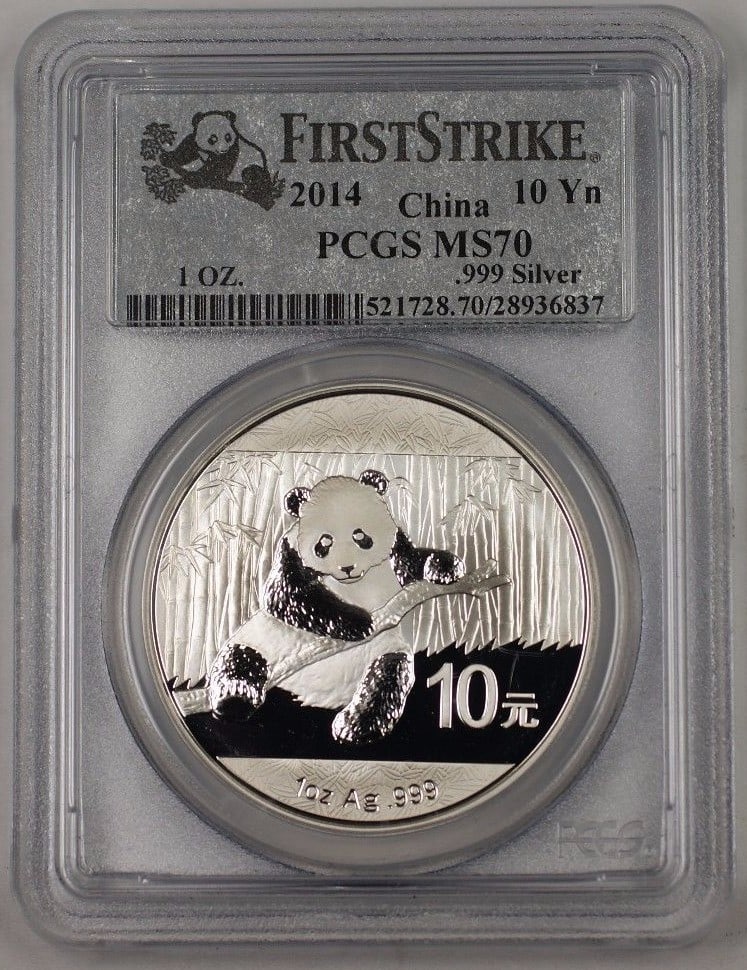 2014 China 10 Yuan 1 Ozt .999 Silver Coin PCGS MS-70 First Strike: 2014 China 10 Yuan 1 Ozt .999 Silver Coin PCGS MS-70 First Strike This is a 2014 China 10 Yuan silver coin featuring a weight of 1 troy ounce and a .999 fine silver composition. The coin is a First St