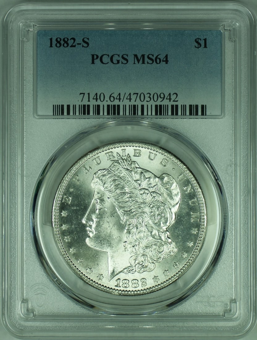 PCGS MS-64 Graded 1882-S Morgan Silver Dollar from San Francisco Mint: PCGS MS-64 Graded 1882-S Morgan Silver Dollar from San Francisco Mint This 1882-S Morgan Silver Dollar coin is certified by PCGS with a grade of MS-64, indicating it is in uncirculated condition. Stru