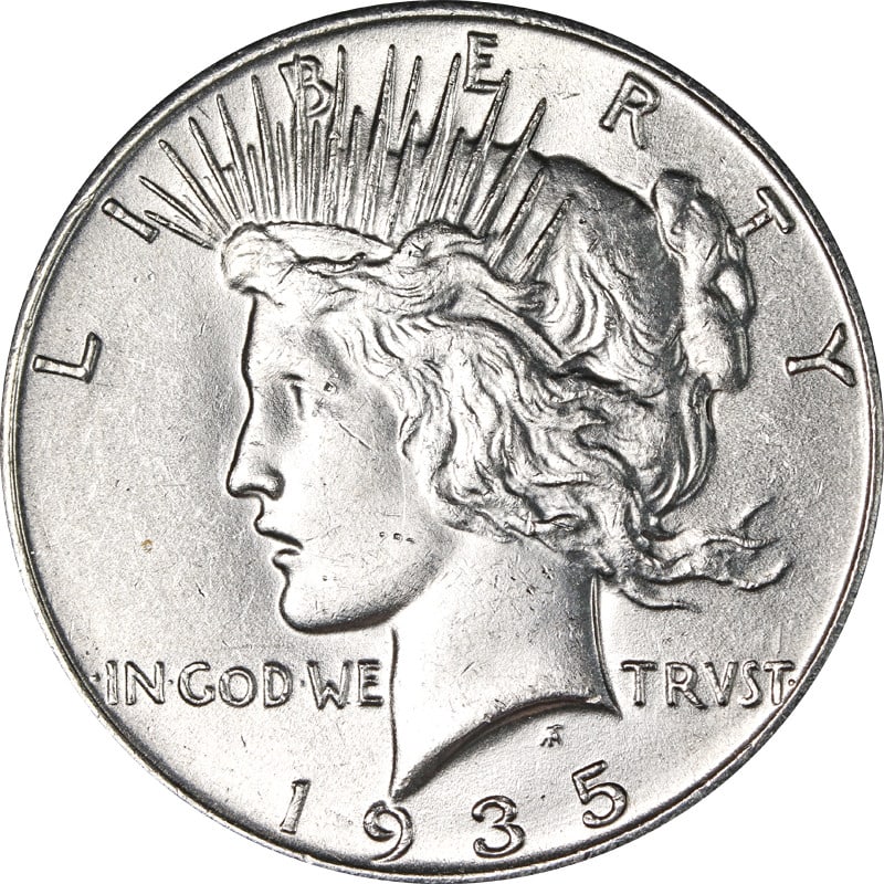 1935 Silver Peace Dollar Coin Philadelphia Mint United States: 1935 Silver Peace Dollar Coin Philadelphia Mint United States This is a 1935-P Peace Dollar coin from the United States. It is composed of silver with a fineness of 0.9 and originates from the Philade