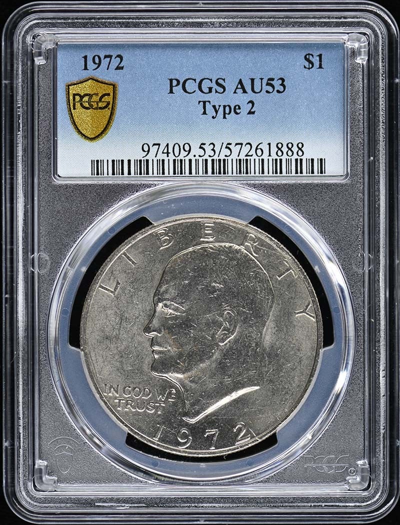 1972 Ike Dollar $1 Type 2 PCGS AU53 Philadelphia Mint: 1972 Ike Dollar $1 Type 2 PCGS AU53 Philadelphia Mint This 1972 Type 2 Ike Dollar is a notable collectible, certified by PCGS with a grade of AU53. It features the iconic design that commemorates the 