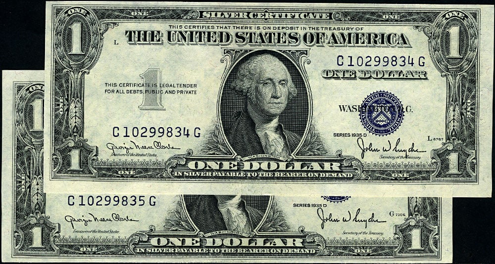 1935-D $1 Silver Certificate Changeover Pair C-G Block Choice Uncirculated: 1935-D $1 Silver Certificate Changeover Pair C-G Block Choice Uncirculated This 1935-D $1 Silver Certificate Change Over Pair is a stunning addition for collectors. Featuring consecutive serial number