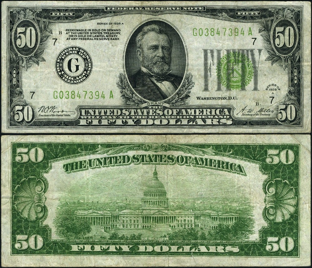 1928-A $50 Federal Reserve Note Chicago G-A Block VF+: 1928-A $50 Federal Reserve Note Chicago G-A Block VF+ This 1928-A $50 Federal Reserve Note from the Chicago district (FR. 2101 G, G-A Block) is a classic piece of currency history. Featuring original 