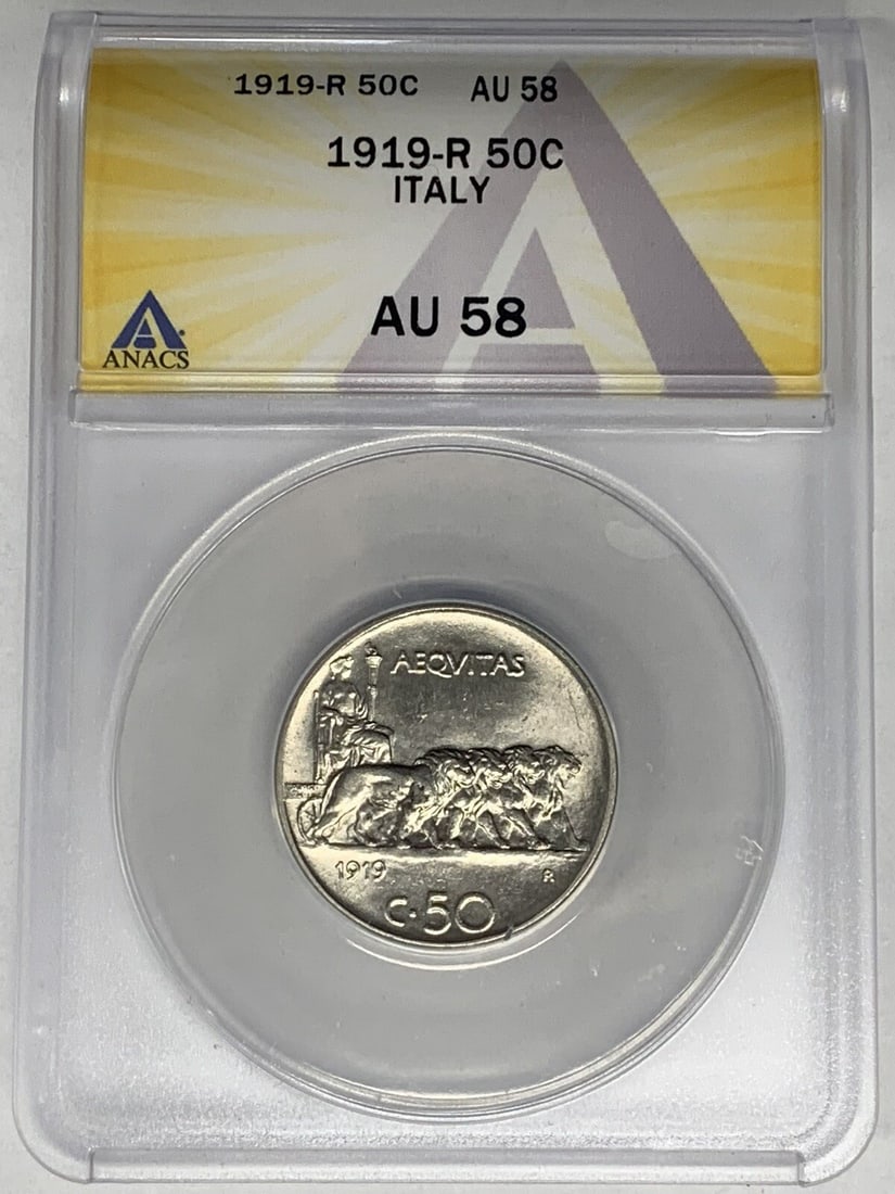 ANACS AU 58 certified 1919 Italian 50 Centesimi coin: ANACS AU 58 certified 1919 Italian 50 Centesimi coin This 1919-R Italy 50 Centesimi coin has been graded AU 58 by ANACS, indicating it is in about uncirculated condition. It features a denomination of