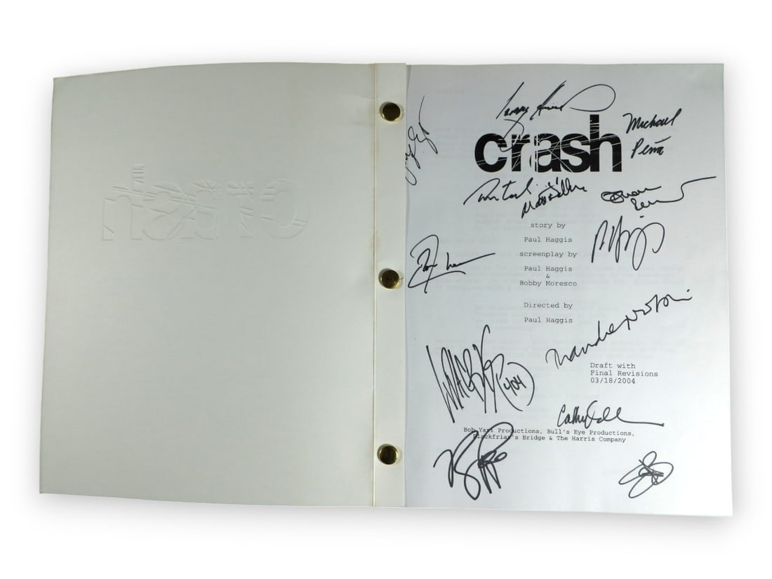 Crash Cast Autographed Script by Bullock Cheadle Dillon +10 JSA: Crash Cast Autographed Script by Bullock Cheadle Dillon +10 JSA This is an original autographed script of the film 'Crash,' featuring the signatures of an impressive cast including Sandra Bullock, Don
