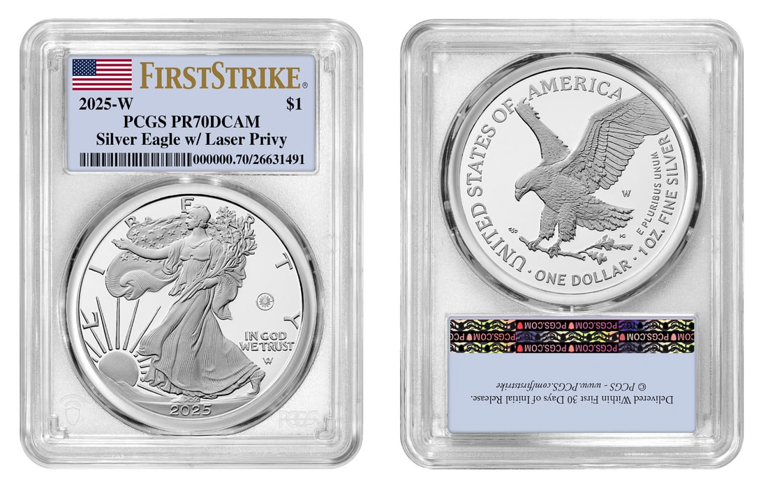2025 American Silver Eagle PR70 Laser Beam Proof PCGS First Strike: 2025 American Silver Eagle PR70 Laser Beam Proof PCGS First Strike This stunning 2025 Laser Beam Privy Proof American Silver Eagle is a must-have for collectors. Struck by the U.S. Mint, this coin fea