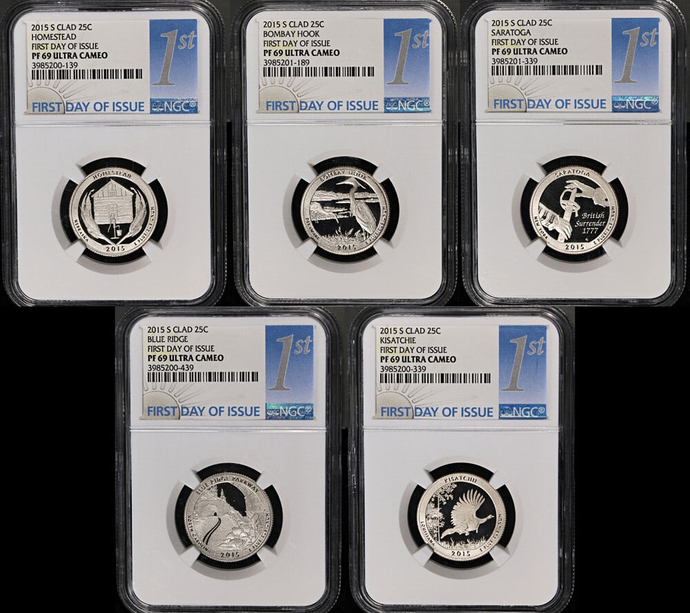 NGC PF69 Ultra Cameo ATB 2015-S Clad 5 Proof Quarter Set First Day Issue: NGC PF69 Ultra Cameo ATB 2015-S Clad 5 Proof Quarter Set First Day Issue This 2015-S Clad America the Beautiful 5 Coin Proof Quarter Set features coins struck at the San Francisco Mint. Each coin is c