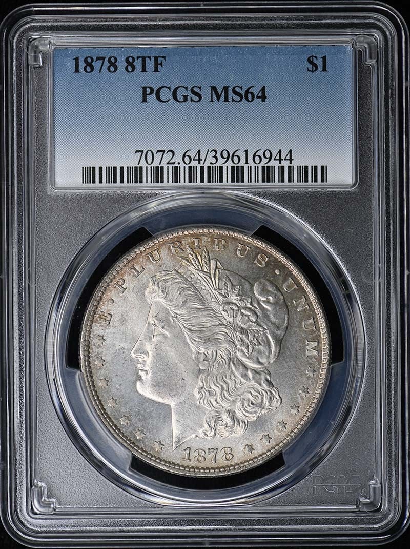 PCGS MS64 1878 8 Tail Feathers Morgan Silver Dollar Philadelphia Mint: PCGS MS64 1878 8 Tail Feathers Morgan Silver Dollar Philadelphia Mint This is an 1878 8 Tail Feathers Morgan Dollar graded MS64 by PCGS. The coin is uncirculated and originates from the Philadelphia M