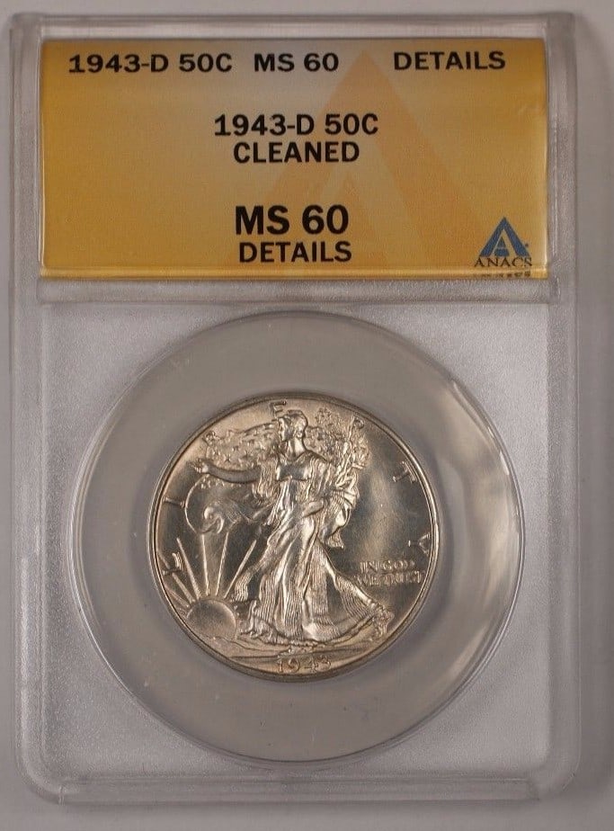 ANACS MS-60 Details 1942-D Silver Walking Liberty Half Dollar Cleaned: ANACS MS-60 Details 1942-D Silver Walking Liberty Half Dollar Cleaned This 1942-D Walking Liberty Silver Half Dollar has been certified by ANACS with a grade of MS-60 Details. The coin originates from