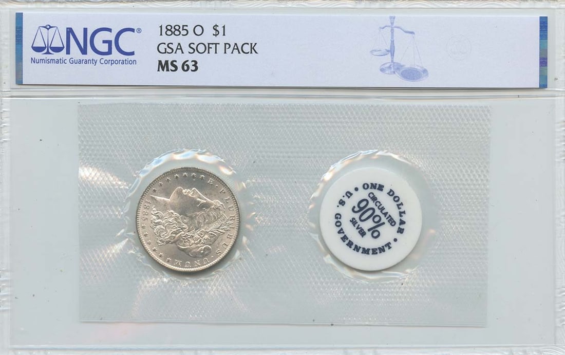 NGC MS63 1885-O Morgan Silver Dollar in GSA Soft Pack: NGC MS63 1885-O Morgan Silver Dollar in GSA Soft Pack This 1885-O Morgan Dollar is encapsulated in a GSA soft pack and certified by NGC with a grade of MS63. Minted in New Orleans, this uncirculated s
