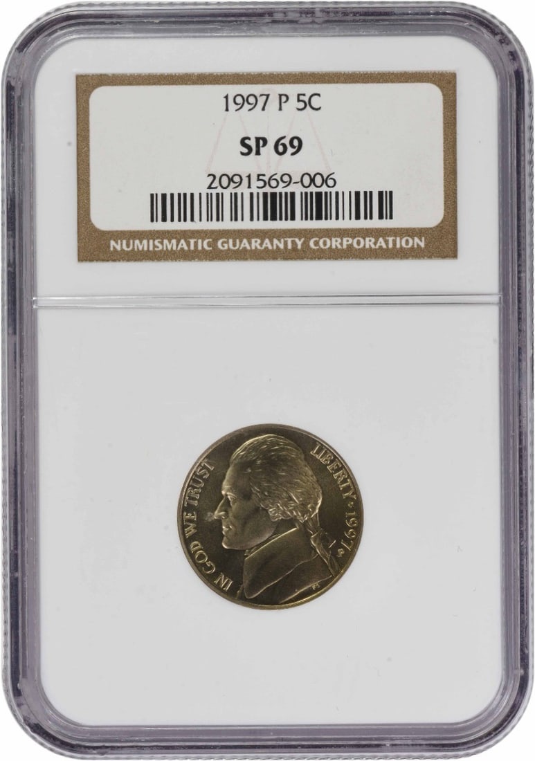 1997 Philadelphia Jefferson Nickel NGC SP69 Special Strike Full Steps: 1997 Philadelphia Jefferson Nickel NGC SP69 Special Strike Full Steps This 1997-P Jefferson Nickel is a special strike coin certified by NGC with a high grade of SP69FS. Minted in Philadelphia, it is 