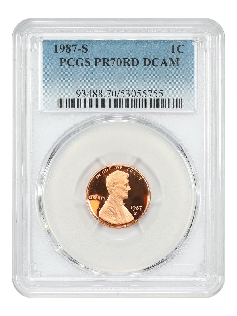 Lincoln Cent 1987-S Proof PCGS PR70RD DCAM San Francisco 1C: Lincoln Cent 1987-S Proof PCGS PR70RD DCAM San Francisco 1C This 1987-S Lincoln Cent is a modern proof coin graded PR70RD DCAM by PCGS, indicating a flawless, deep cameo appearance. Struck at the San 