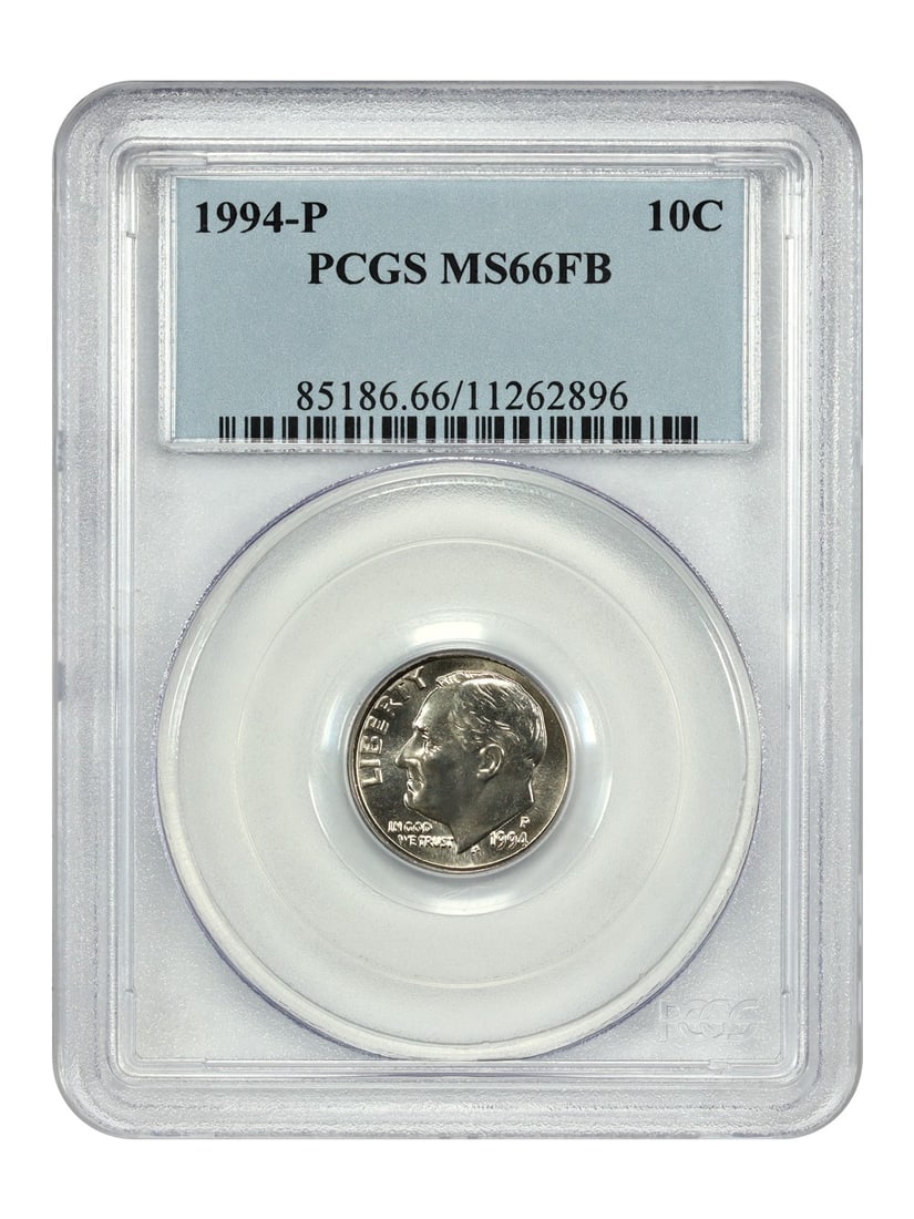 PCGS MS66FB 1994 Philadelphia Roosevelt Dime Ten Cent Uncirculated Coin: PCGS MS66FB 1994 Philadelphia Roosevelt Dime Ten Cent Uncirculated Coin This is a 1994-P Roosevelt Dime graded MS66FB by PCGS. The coin is uncirculated and features a full band designation. It was min