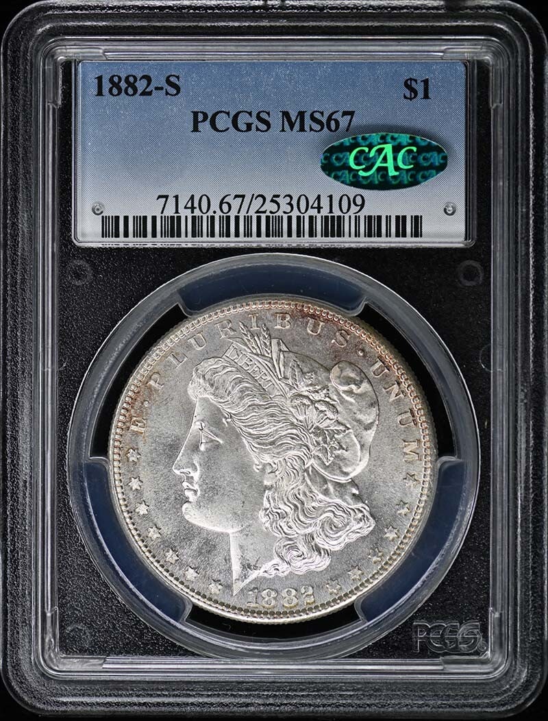 1882-S Morgan Dollar PCGS MS67 CAC Uncirculated San Francisco: 1882-S Morgan Dollar PCGS MS67 CAC Uncirculated San Francisco This 1882-S $1 Morgan Dollar is a stunning example of American coinage, certified by PCGS with a remarkable grade of MS67. Minted in San F