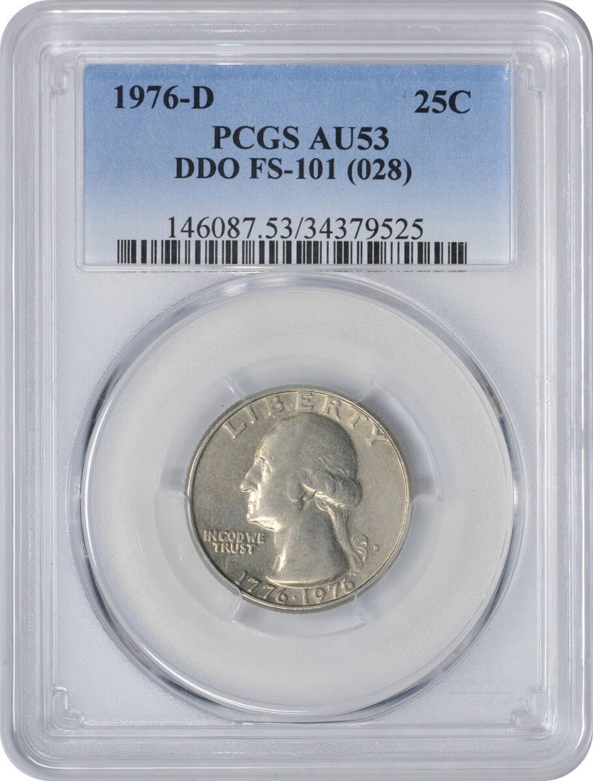 1976-D Washington Quarter DDO AU53 PCGS Coin by John Flanagan: 1976-D Washington Quarter DDO AU53 PCGS Coin by John Flanagan This 1976-D Washington Quarter features the distinctive DDO FS-101 variety and is graded AU53 by PCGS. Minted in Denver, this coin reflect