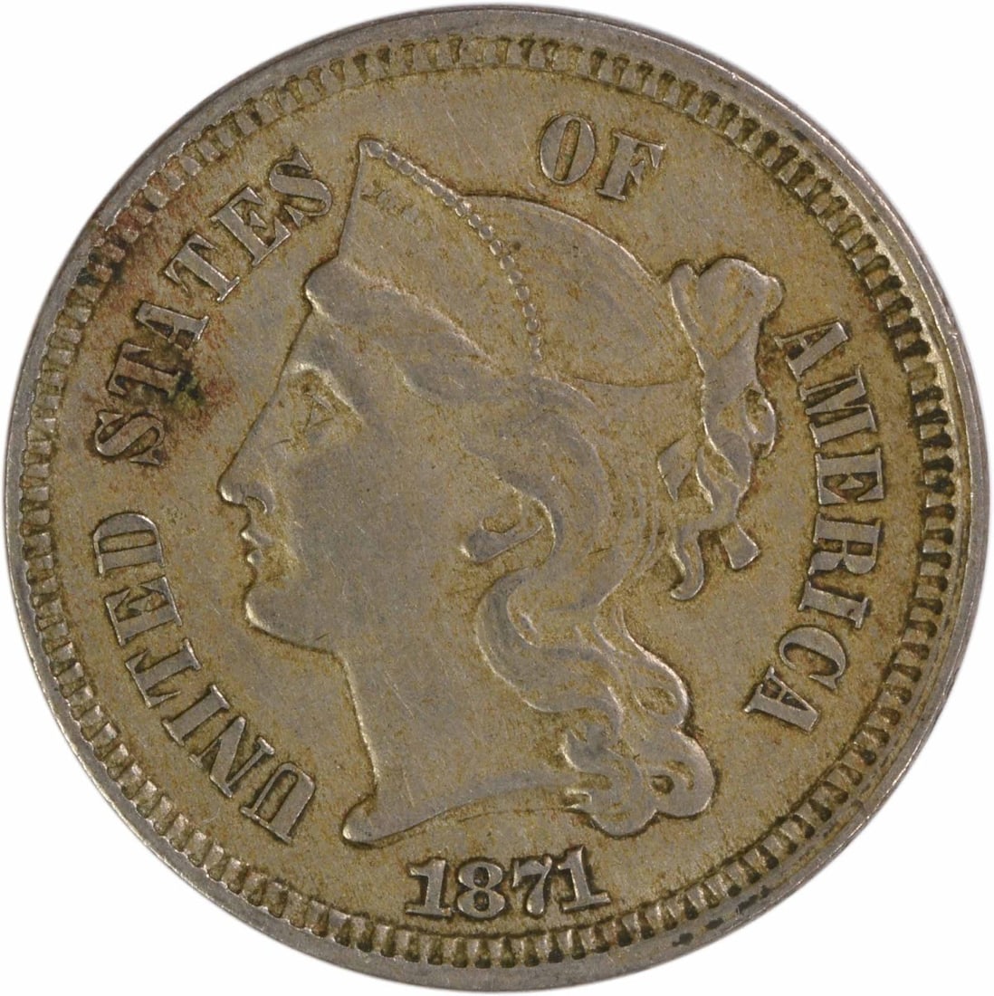 1871 United States Three Cent Nickel Coin EF Grade Uncertified: 1871 United States Three Cent Nickel Coin EF Grade Uncertified This 1871 Three Cent Nickel coin is a circulated example from the Philadelphia Mint, featuring a composition of 75% copper and 25% nickel