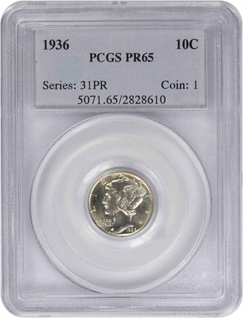 1936 Proof Mercury Dime PR65 PCGS Certified 90 Percent Silver: 1936 Proof Mercury Dime PR65 PCGS Certified 90 Percent Silver This is a 1936 Mercury Dime struck in proof at the Philadelphia Mint. Certified by PCGS and graded PR65, this uncirculated coin features a