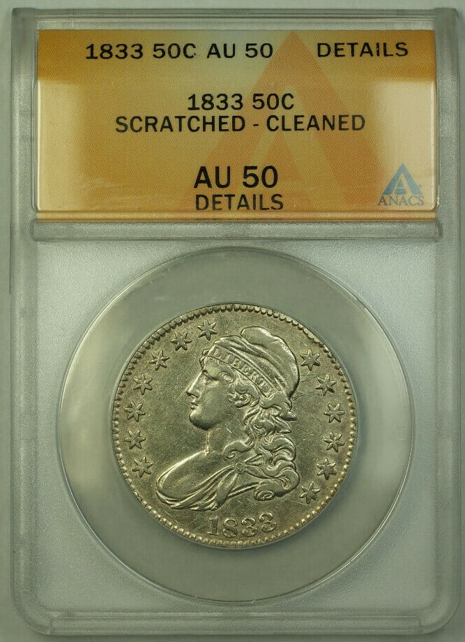 1833 Capped Bust Half Dollar Silver 50C Coin ANACS AU-50 Details: 1833 Capped Bust Half Dollar Silver 50C Coin ANACS AU-50 Details This is an 1833 Capped Bust Half Dollar silver coin graded AU-50 Details by ANACS. The coin was minted in Philadelphia and is composed 