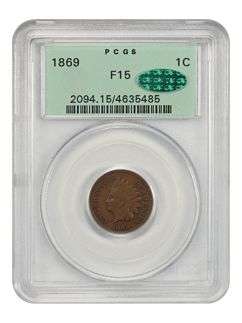 PCGS CAC 1869 Indian Head Cent Fine 15 Semi-Key Date: PCGS CAC 1869 Indian Head Cent Fine 15 Semi-Key Date This 1869 Indian Cent is a semi-key date coin graded Fine 15 by PCGS and certified by CAC. Struck in Philadelphia, this circulated coin is part of 