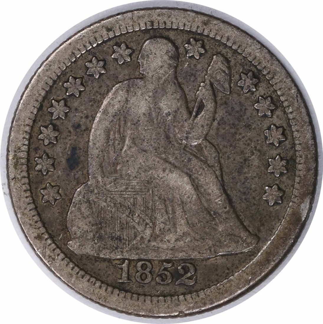VF Grade 1852-O Seated Liberty Dime Uncertified Silver Coin New Orleans Mint: VF Grade 1852-O Seated Liberty Dime Uncertified Silver Coin New Orleans Mint This 1852-O Liberty Seated Silver Dime is a circulated coin from the United States, minted in New Orleans. The coin feature