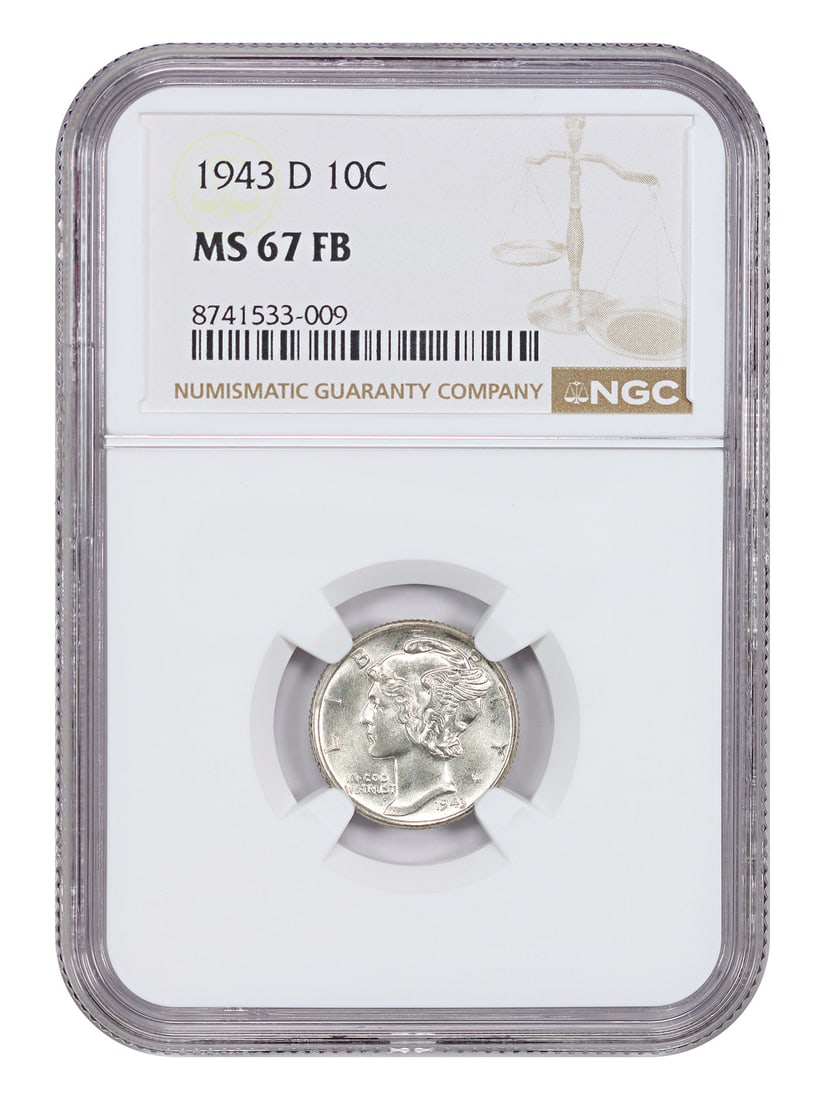 NGC MS67FB 1943 Denver Mercury Dime 10C Uncirculated: NGC MS67FB 1943 Denver Mercury Dime 10C Uncirculated This 1943-D Mercury Dime is graded MS67FB by NGC, indicating a mint state coin with full bands. Struck in Denver, this uncirculated 10-cent piece i