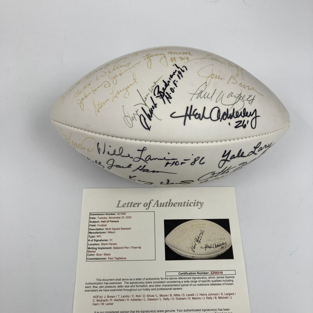 1989 Hall Of Fame Multi Signed Football 31 Sigs JSA Authenticated: 1989 Hall Of Fame Multi Signed Football 31 Sigs JSA Authenticated This rare 1989 Hall of Fame induction football is a must-have for any serious collector. The ball features an impressive collection of
