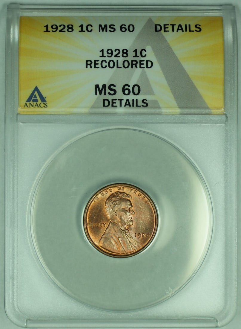 1928 Lincoln Wheat Cent Small Cent ANACS MS60 RB Certified Coin: 1928 Lincoln Wheat Cent Small Cent ANACS MS60 RB Certified Coin This 1928 Lincoln Wheat Cent is a United States small cent coin graded MS 60 by ANACS. It is uncirculated and features the classic Linco
