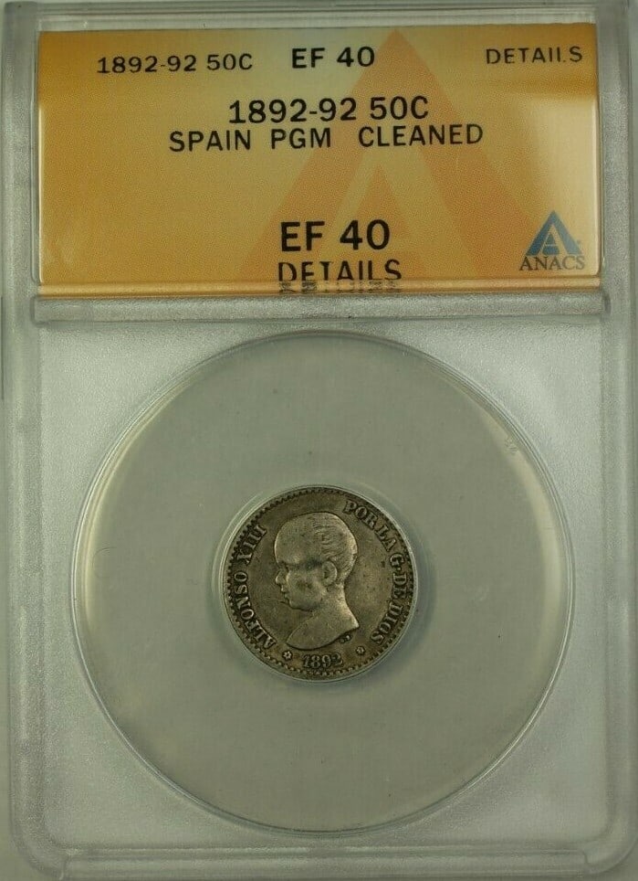 Spain 1892 50 Centimos ANACS EF 40 Cleaned Certified Coin: Spain 1892 50 Centimos ANACS EF 40 Cleaned Certified Coin This 1892-92 Spain 50 Centimos coin is certified by ANACS with an EF 40 grade and noted as having cleaned details. Originating from Spain, thi