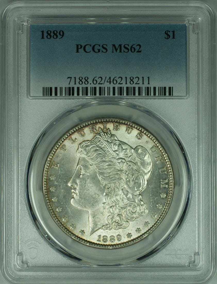 PCGS MS-62 Graded 1889 Morgan Dollar Silver Coin Philadelphia Mint: PCGS MS-62 Graded 1889 Morgan Dollar Silver Coin Philadelphia Mint This 1889 Morgan Silver Dollar coin is certified by PCGS with a grade of MS-62. Struck at the Philadelphia Mint, it is composed of 90