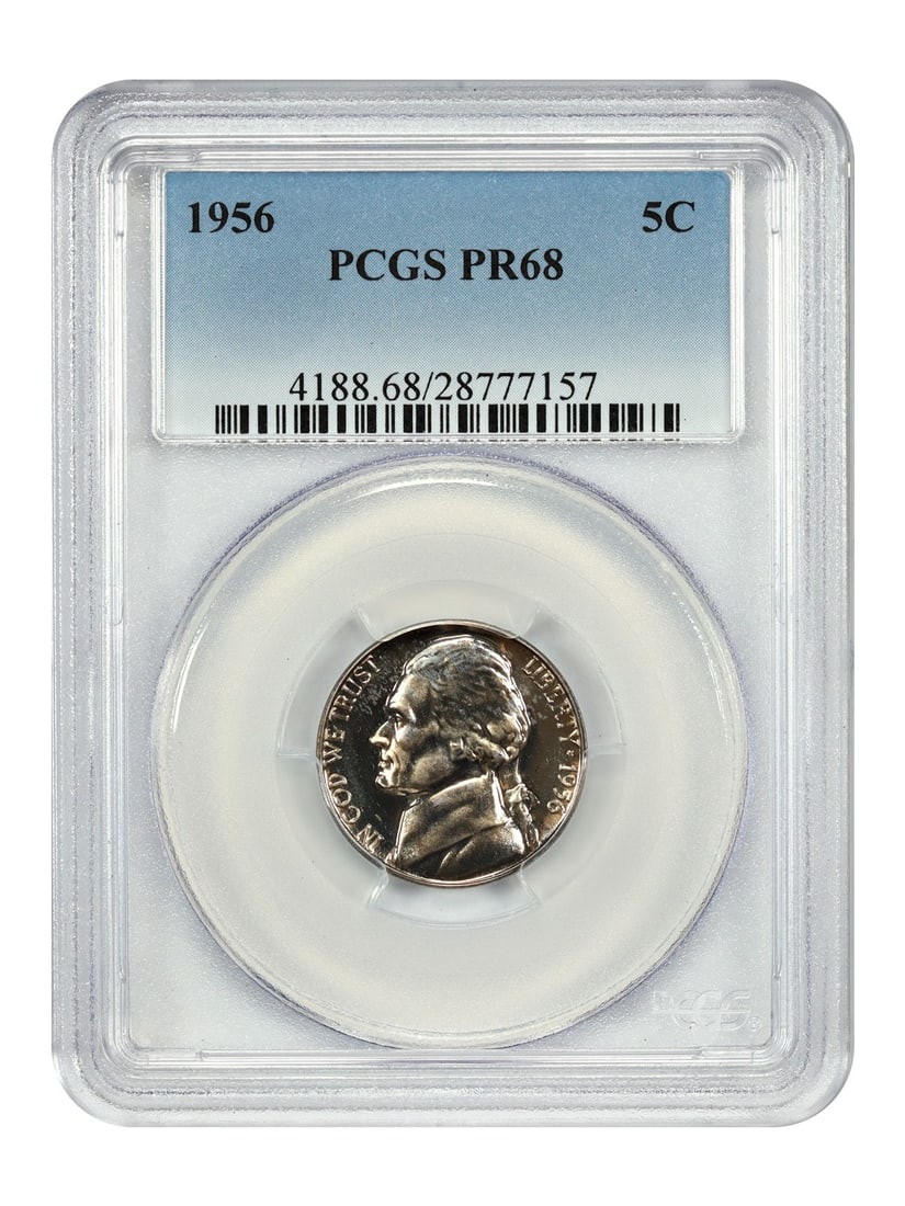 Jefferson Nickel 1956 Proof 5C PCGS PR68 Philadelphia: Jefferson Nickel 1956 Proof 5C PCGS PR68 Philadelphia This is a 1956 Jefferson Nickel with a denomination of 5 cents, graded PR68 by PCGS. The coin is uncirculated and was struck in proof at the Phila