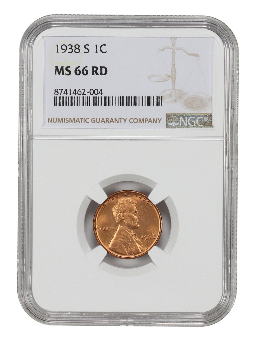 Lincoln Wheat Cent 1938-S NGC MS66RD Red Uncirculated 1C Coin: Lincoln Wheat Cent 1938-S NGC MS66RD Red Uncirculated 1C Coin This 1938-S Lincoln Cent (Wheat Reverse) is an uncirculated coin certified by NGC with a grade of MS66RD. Minted in San Francisco, this pr