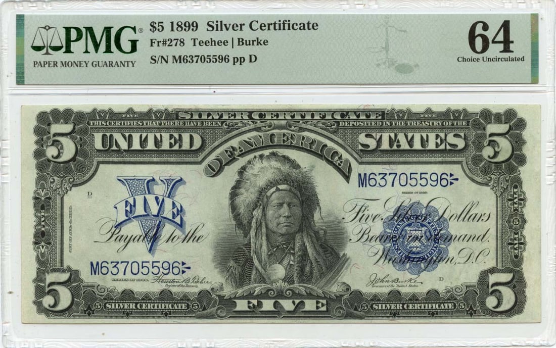 PMG MS64 1899 Five Dollar Silver Certificate United States: PMG MS64 1899 Five Dollar Silver Certificate United States This is an un-used 1899 $5 Silver Certificate, graded PMG CU64 Choice Chief. The note is certified by PMG and is in pre-owned condition. Issu