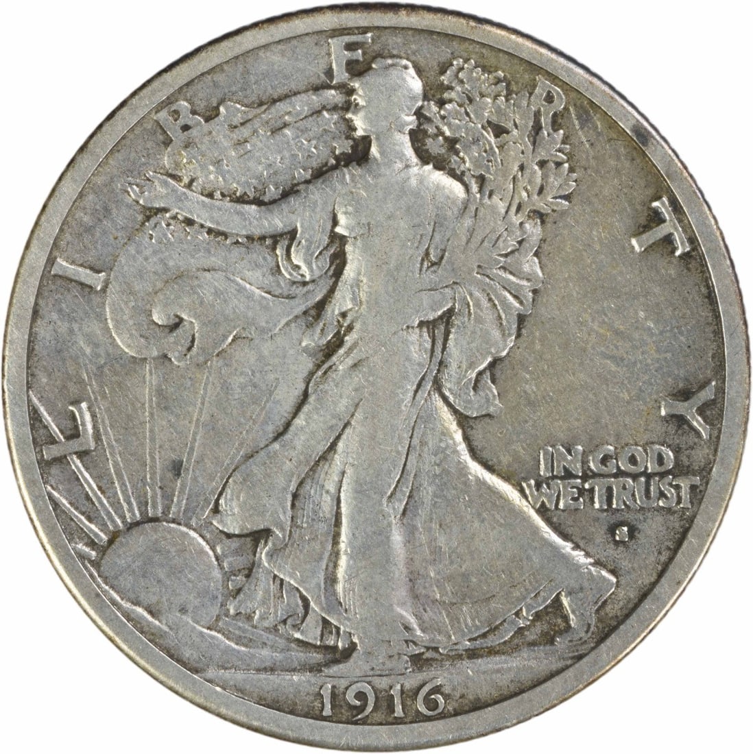 San Francisco Mint 1916 Walking Liberty Half Dollar 90 Percent Silver VF: San Francisco Mint 1916 Walking Liberty Half Dollar 90 Percent Silver VF This 1916-S Walking Liberty Half Dollar is a circulated coin from the San Francisco mint, designed by Adolph Alexander Weinman.