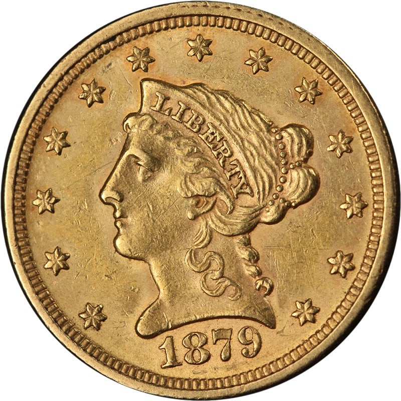 1879 Philadelphia Liberty Head Gold Quarter Eagle AU BU: 1879 Philadelphia Liberty Head Gold Quarter Eagle AU BU This 1879-P Liberty Gold $2.50 coin features strong strike and attractive luster, showcasing excellent eye appeal. The coin is graded as Choice 