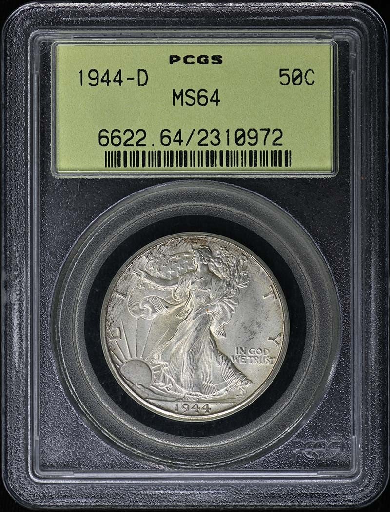 PCGS MS64 1944 Denver Walking Liberty Half Dollar: PCGS MS64 1944 Denver Walking Liberty Half Dollar This is a 1944-D Walking Liberty Half Dollar graded MS64 by PCGS. The coin is uncirculated and was minted in Denver. It features the iconic Walking Li