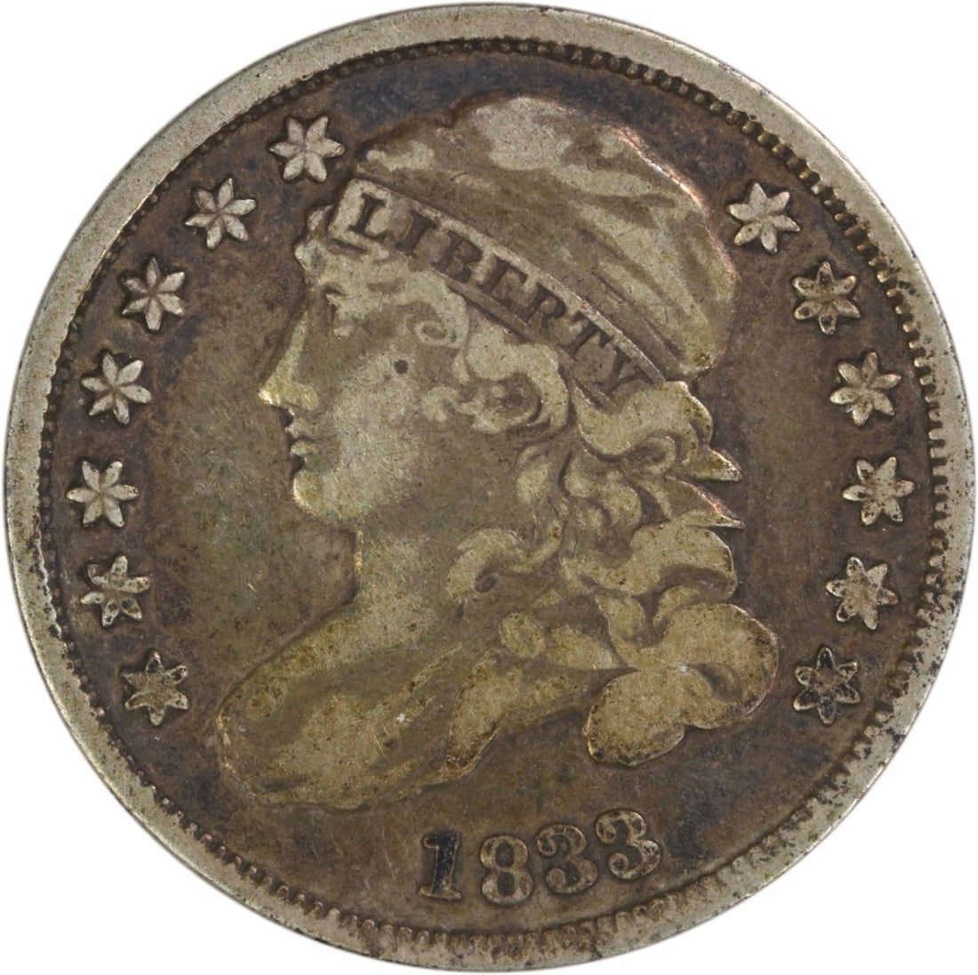1833 Capped Bust Dime VF Grade Philadelphia Mint Uncertified: 1833 Capped Bust Dime VF Grade Philadelphia Mint Uncertified This 1833 Capped Bust silver dime from the United States Mint in Philadelphia is a circulated coin graded VF (Very Fine). Designed by John 